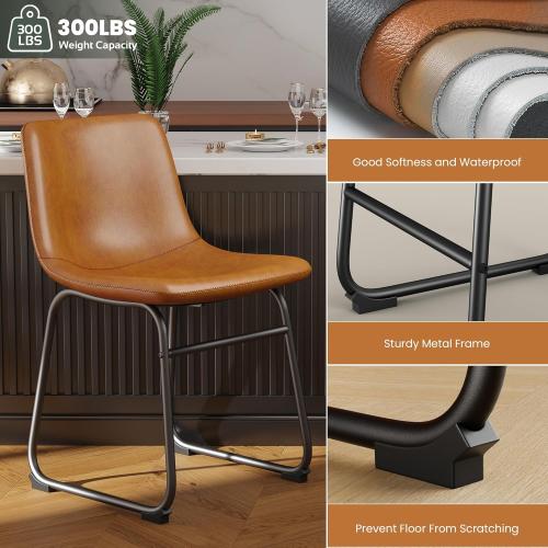 18 Inch Dining Chairs Set of 4, Modern Upholstered Dining Room Dining Chairs with PU Leather Cushions and Metal Legs, Mid Century Modern Armless Chair and Upholstered Seat, Brown
