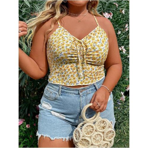 Small Floerns Women's Plus Size Floral Print Camisole Tie Front Summer Crop Cami Top IRIS