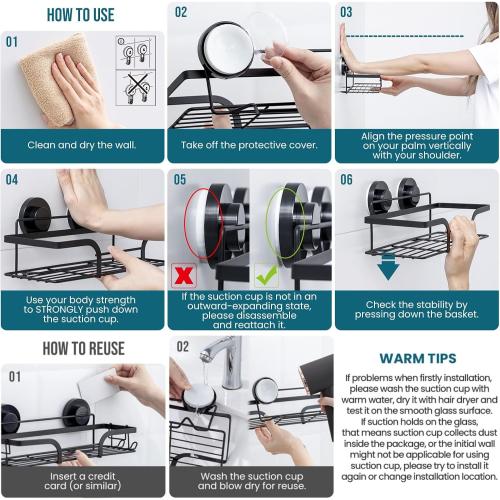 TAILI Shower Caddy Suction Cup 2 Pack, Heavy Duty Bathroom Basket, Bath Shelves for Inside, Stainless Steel Shower Holder Organizer for Bathroom Storage & Home Decor, No Drilling,Black