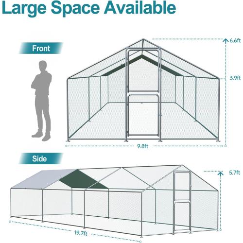Silver 10ft x 20ft Large Chicken Coop, Chicken Coops for 30 Chickens, Chicken Runs for Yard with Water Poof & UV Resistance Cover, Spire Roof Chicken Coop Run with Double Lockable Doors for Outdoor Backyard