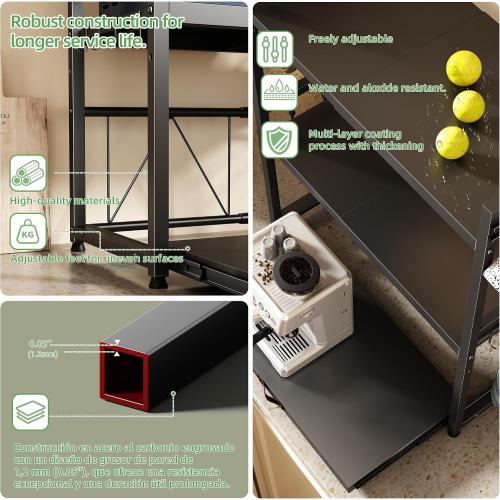 NETEL Expandable Microwave Stand countertop,2 Tier Metal Kitchen Countertop Organizer Shelves with 8 Hooks,Bakers Rack,Microwave Shelf with Drawers and Cup Holders,55lbs Weight Capacity,Black