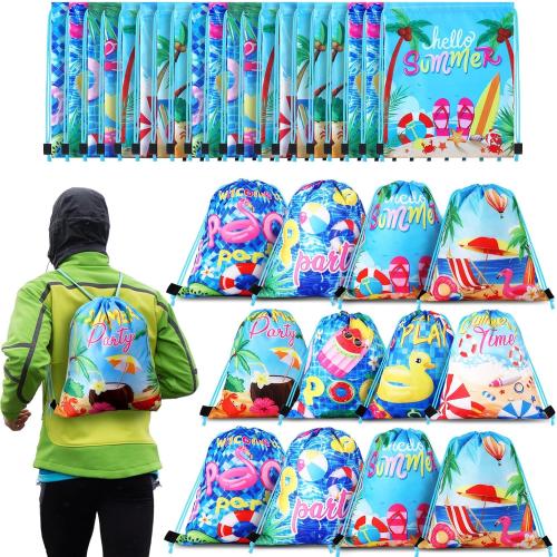 Hosuly 24 Pcs Pool Party Favor Drawstring Bags Gift Hawaiian Backpack Favors Goodie Candy Treat Bags Beach for Birthday Bridal Shower Beach Hawaiian Party Supplies