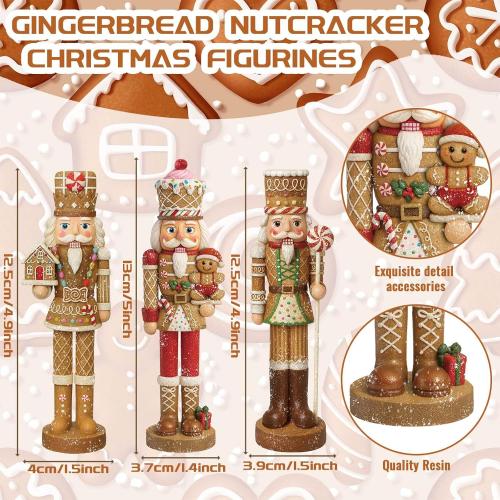 3 Pcs Gingerbread Nutcracker Figures Christmas Resin Nutcracker Figurines Holding Christmas Cookies, Gingerbread Men and Candy, Soldier Xmas Centerpieces Decor for Winter Table Party Favors