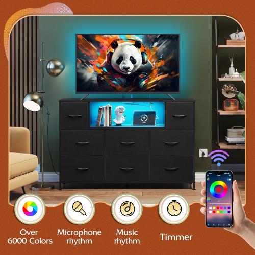Black 11.7D x 47.2W x 31H WLIVE Black TV Stand for 45, 50, 55 inch TV, Entertainment Center with LED Lights & Charging Station, TV Media Console Table with 8 Fabric Drawers and Open Shelves for Living Room, Hallway, Wood Top