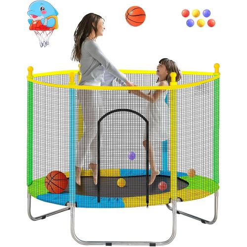 Juoe 55 Trampoline for Kids with Enclosure,Up to 440 Ibs Toddler Mini Trampoline with Net and Basketball Hoop,Indoor/Outdoor Toddler Trampoline for Kids,Gifts for Boys & Girls