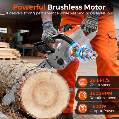 Battery Powered Chainsaw 16 inch,Electric Cordless Chainsaw with 2 Batteries and Charger.Brushless Chain Saw with 12-inch Replacement Guide Bar and Chain.Perfect for Tree Trimming and Wood Cutting