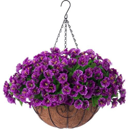 Artificial Hanging Flower Plants with Basket for Spring Summer Outdoor Decoration, Faux Petunias Flowers Fake Morning Glory Planter for Outside Patio Garden Porch Balcony Yard Spring Decor(Lotus) ‼️used ‼️