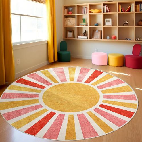 Size 4ft Classroom Rug 4Ft, Round Washable Accent Rug for Kids Colorful Sun Rainbow Throw Carpet for Living Room Soft Thin Mat Non-Slip Low Pile Circle Rug for Nursery Bedroom Playroom
