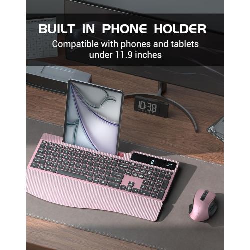 Pink and Black Wireless Keyboard Mouse Combo, Full Size Ergonomic Keyboard with Backlit, Wrist Rest, Calculator, Phone Holder, 2.4Ghz Silent Cordless Rechargeable Keyboard & Mouse for Laptop, PC (Pink Black)