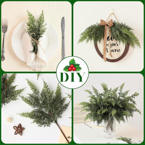 Real Touch Christmas Cedar Branches-18 Inches, Artificial Cedar Branch Faux Greenery Plants Stem Fake Pine Picks for Vase DIY Crafts Garland Wreath Xmas Indoor Outdoor Decor (12 Pcs)
