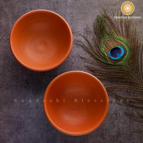 SWADESHI BLESSINGS Exclusive Range Unglazed Clay Serving Bowl Set/Terracotta Bowls/Earthen Snack Bowl/Small Yogurt Pots/Mud Bowls, 4.5Inches(Set of 2)one spoon and the plate