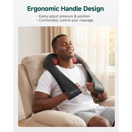FitRx Cordless Shiatsu Shoulder, Back, and Neck Massager with Heat, USB-Rechargeable, Black