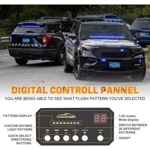 XRIDONSEN 35 inch Blue White Traffic Advisor Light Bar 48 LED Emergency Strobe Lights Safety Warning Front/Rear Window Lights w/Display Controller for Police Firefighter Ambulance Vehicles Trucks