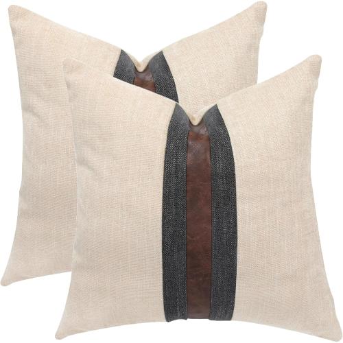 Set of 2 Leather Throw Pillow Covers Cotton Linen Decor Patchwork Pillow Cover Faux Leather Pillows Cover for Couch Sofa Living Room Bedroom,Beige 24x24