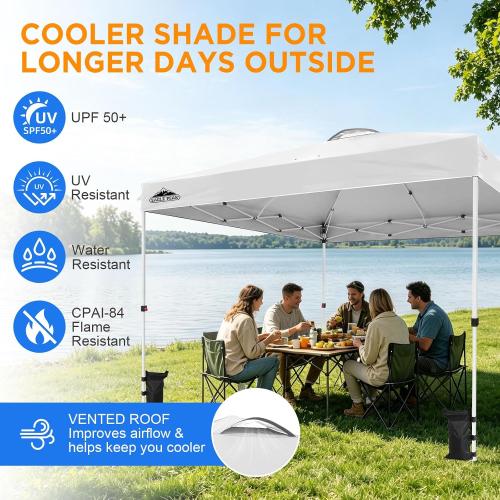 EAGLE PEAK Pop Up Canopy Tent with Wheeled Carry Bag, 8 Stakes, 4 Ropes, 4 Weight Bags, Easy Set Up Tent Canopy, 12x12 ft, 144sqft of Shade, White