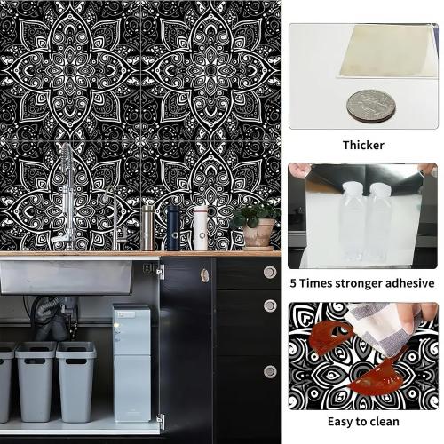 10PCS 12x12 Inch Peel and Stick Floor Tiles Self Adhesive Vinyl Flooring Tile Black White Mandala Pattern Removable Decals Bathroom Kitchen Living Room DIY Home Decoration
