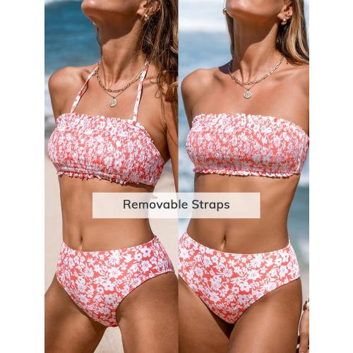 Size S...CUPSHE Bikini Set for Women Two Piece Swimsuit Bandeau Top Back Tie Mid Waisted Bottom with Removable Shoulder Straps