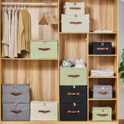 Storage Bins with Zipper Lid Cotton Linen Fabric Lidded Storage Baskets Boxes Foldable Washable Closet Shelf Clothes Organizer Container with PU Leather Handles (Black, Small Size)