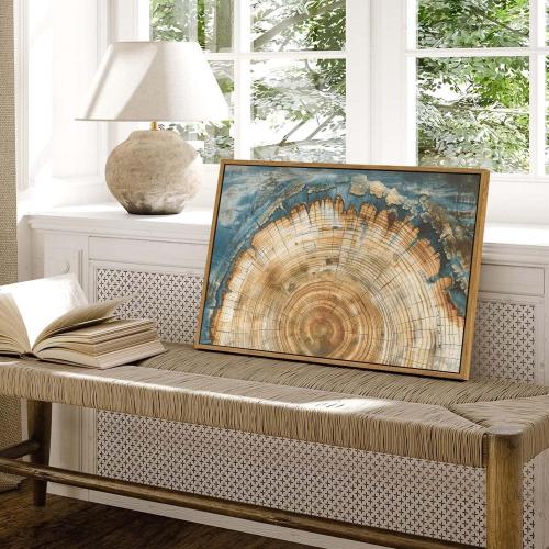 BingruiArt Faux Wood Tree Ring 08 Canvas Wall Art 16x24 Framed | Boho Abstract Nature Wall Decor, Green Abstract Wood Grain and Tree Stump Print, Living Room Bedroom Bathroom or Office