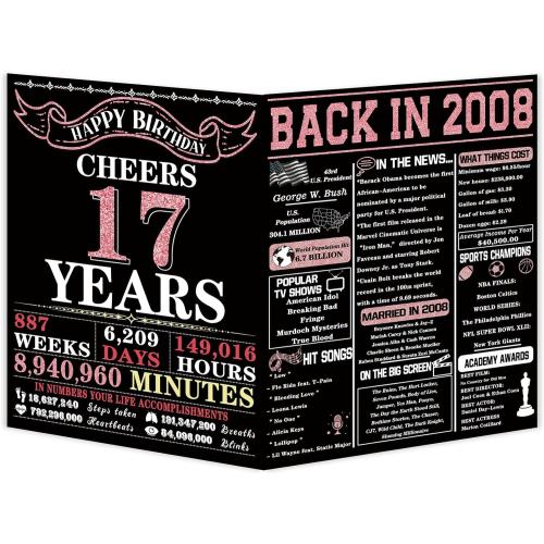 YiKaLus Jumbo 17th Birthday Card for Daughter Son, Happy 17 Year Old Girl Boy Bday Gift Ideas, Vintage Back In 2008 Decorations for Sister Brother