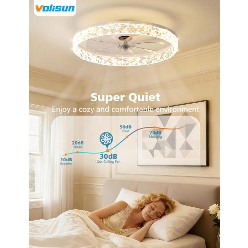VOLISUN Low Profile Ceiling Fan with Lights and Remote, No Assembly, 20in Modern Ceiling Fans Flush Mount, 3000K-6500K Dimmable Bladeless LED Fan Light, White Fandelier Ceiling Fans for Bedroom