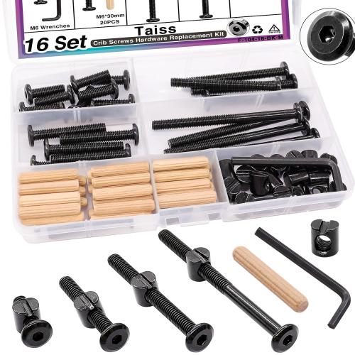 Taiss 16 Set Crib Screws M6x20mm/ 40mm/ 60mm/ 80mm Baby Bed Crib Bolts Hardware Replacement Kit,Hex Socket Cap Screws Bolt,Barrel Nuts&Dowel Pins for Beds Furniture