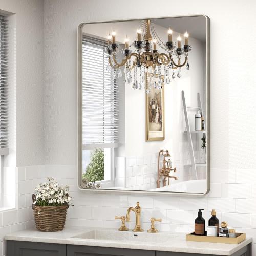 28x32 Silver Bathroom Mirror for Wall, Brushed Metal Framed Bathroom Vanity Mirror, Modern Rounded Corner Rectangle Mirror, Anti-Rust (Horizontal/Vertical)