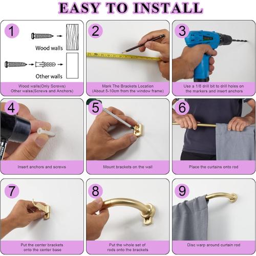 Brass Disc Curtain Rods, 84-144 Inches Window Curtain Rod,Adjustable Room Darkening Curtain Rod with Aluminum Finials and Brackets,Wrap Around Design