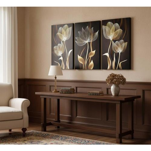 3 Pieces Modern Abstract Brown Flowers Canvas Wall Art Minimalism Black and Gold Floral Painting Pictures Luxury Wall Decor Posters Print Artwork for living room Office Bedroom Home Decoration