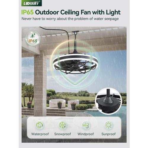 LEDIARY 20 Outdoor Ceiling Fans with Light, IP65 Waterproof Gazebo Fan with Hanging Hook, App Control for 3CCT Dimmable, Caged Plug in Ceiling Fan with Hanging Hook for Patio, Porch, Pergola