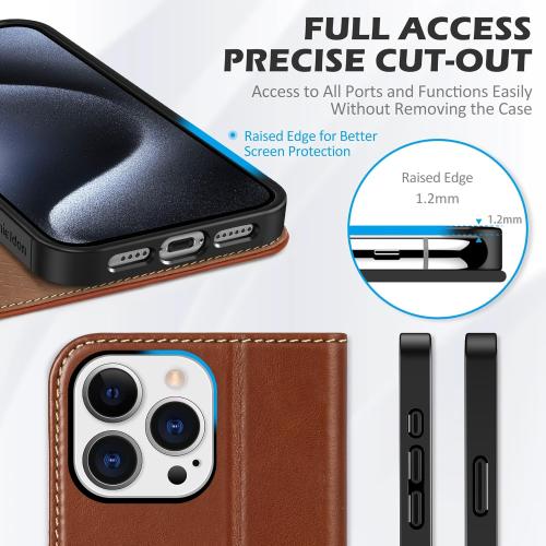 SHIELDON Case for iPhone 15 Pro Max 6.7, Genuine Leather Wallet Flip Magnetic Cover RFID Blocking Credit Card Holder Kickstand TPU Shockproof Case Compatible with iPhone 15 Pro Max 5G - Retro Brown