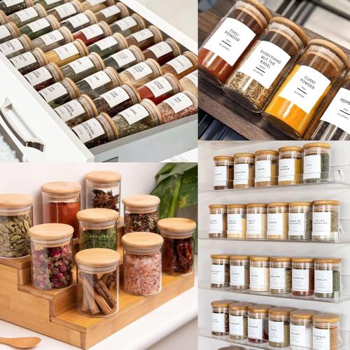 12 Pcs Glass Spice Jars with Bamboo Airtight Lids and 191 Labels - 8.5oz Small Food Storage Containers for Kitchen, Seasoning, Coffee, Herb - Spoon Included
