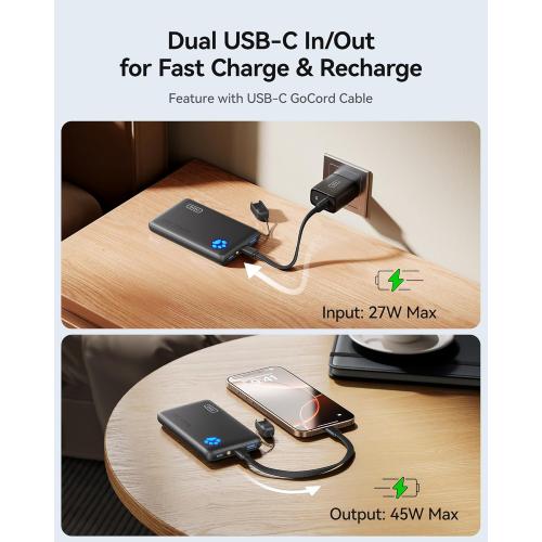 Black INIU Portable Charger, Ultra Slim 10000mAh 45W PD Power Bank, USB C in&Out Fast Charging Battery Pack, Travel Essential Phone Powerbank Compatible with iPhone 17 16 15 Samsung S22 S21 Google iPad etc