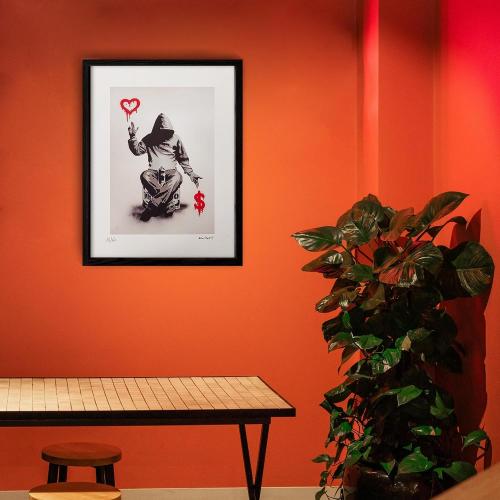 OVVGVV Framed Banksy Wall Decor, Love Over Money Hoodie Men Minimalist Positive Graffiti Street Art for Bedroom, Living Room, Office (12x16in,Type2)