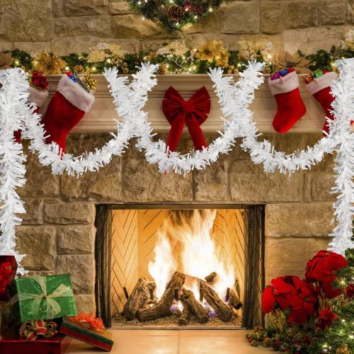 33ft /10m Snowflake Christmas Tinsel Garland White Metallic Twisted Hanging Garland with Star for Chistmas Tree Fireplace Home Decoration