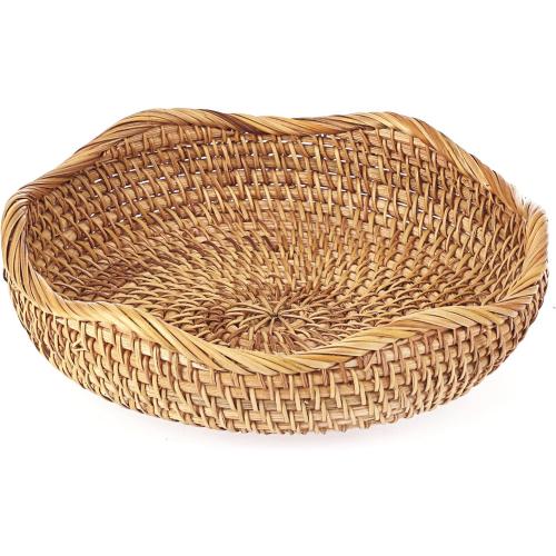 Natural Rattan Tray Wicker Storage Bowls Hand Woven Basket Tray for Bread Fruit Key Round Fruit Baskets for Kitchen Entryway Tabletop Decorative Baskets Bowl