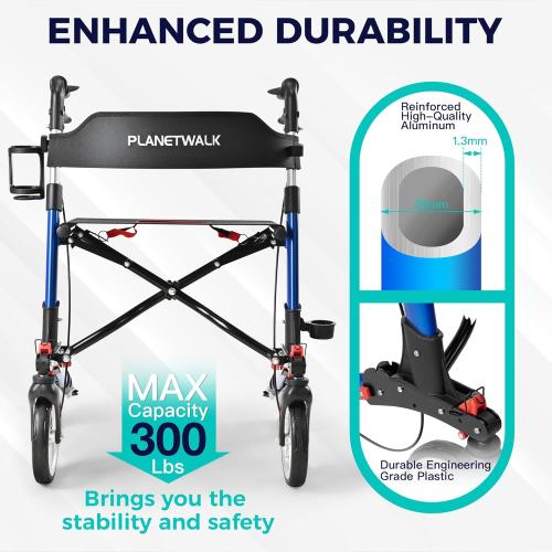 Double Folding Rollator Walker for Seniors - Lightweight Aluminum Frame with 300 lb Capacity, 8 All-Terrain Wheels, 6-Level Adjustable Height Rolling Walker with Travel Bag - Blue
