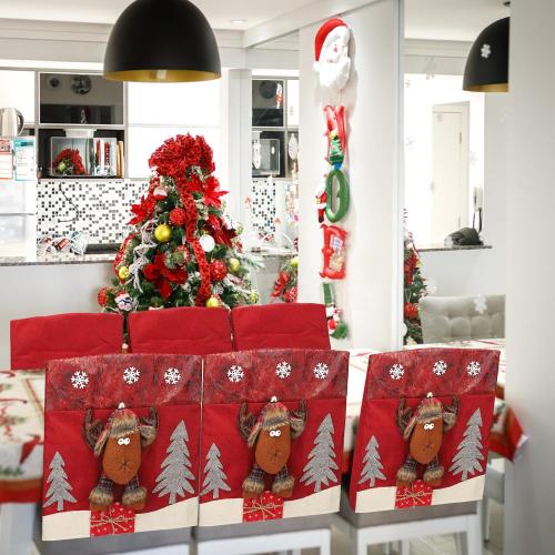 Christmas Chair Covers, Chair Back Covers for Xmas Banquet, Red Christmas Dining Room Chair Covers, Chair Covers Seat Protector for Home Kitchen Decor (Elk)