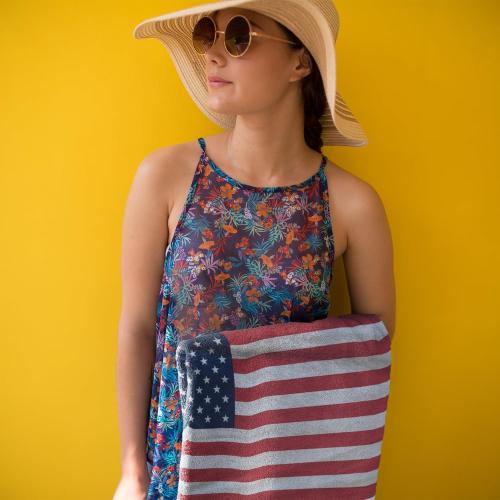 USA American Flag Beach Blanket Towel 30”x60” – 100% Cotton Velour, Highly Absorbent, Fast Drying, Easy-Pack for Spring Break, Vacation, Beach, Pool, or Sunbathing, Lightweight, Compact