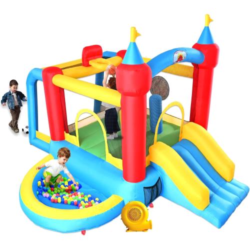 Inflatable Bounce House with Slide, Jumping Castle with Blower and Wave Pool, Basketball Rim, Football Goal
