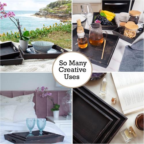 Wooden Serving Trays, Wooden Trays Set of 3 Dark Brown, Wooden Trays with Handles - Wood Serving Tray, Coffee Table Tray - Wooden Trays For Decor, Ottoman Trays - Farmhouse Trays, Wood Tray