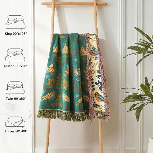 Boho Throw Blanket for Bed 100% Cotton Soft Quilt Lightweight Blanket Bird Floral Embroidery Farmhouse Room Decor Twin Bed Blankets,60×80 All Season Breathable Throw for Sofa&Couch Chair