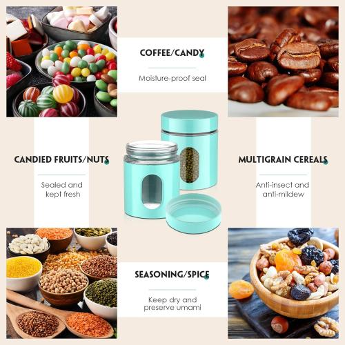 6 Pack Kitchen Canisters Set 20 oz Airtight Stainless Steel Canister Food Storage Container with Window Glass, Coffee Sugar Candy Jars Tea Organizer for Flour Cookies Spices Grains Kitchen(Turquoise)