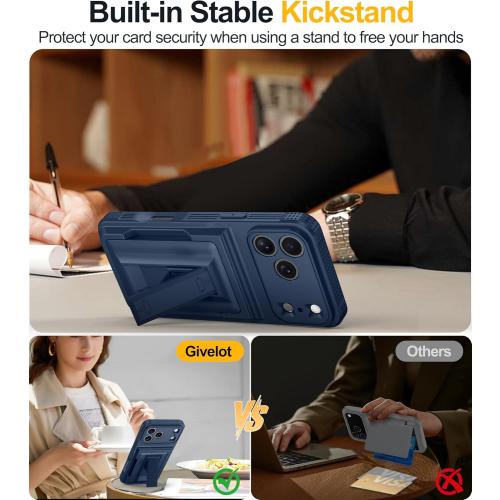 for iPhone 17 Pro Case with Card Holder（4-5 Cards）[9H Screen Protector ][Full Camera Protection][RFID Blocking][Hidden Kickstand] Rugged Heavy Duty Wallet Case for iPhone 17 Pro (Dark Blue)