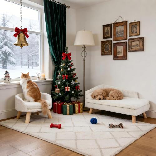 BingoPaw Elevated Pet Bed,Nordic Cat Stool with Cozy Pad Waterproof,Doggie Chair with Sturdy Wood Legs for Small Dog Kitten