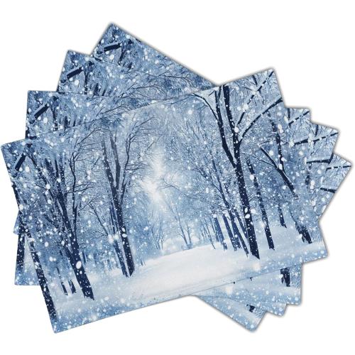 Winter Placemats Set of 4 18x12 Inch Snow Snowflake Forest White Holiday Linen Place Mat Heat-Resistant Washable Wipeable Winter Sence Table Mat for Party Kitchen Dining Home Decor