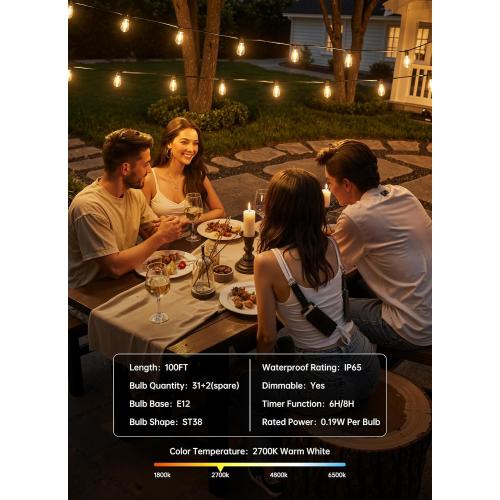 Minetom 100FT Outdoor String Lights with Remote, ST38 Patio Lights Dimmable | Waterproof LED Christmas Lights with 3 Modes, Shatterproof Connectable Outside Lights for Backyard Porch Deck Garden Decor