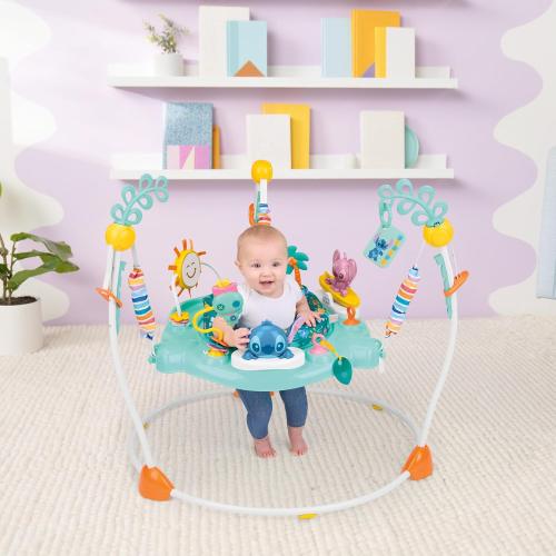 Bright Starts Disney Stitch Little Ohana Baby Activity Jumper with Interactive Toys, Lights & Music with Stitch, Angel & Scrump, 6-12 Months (Blue)