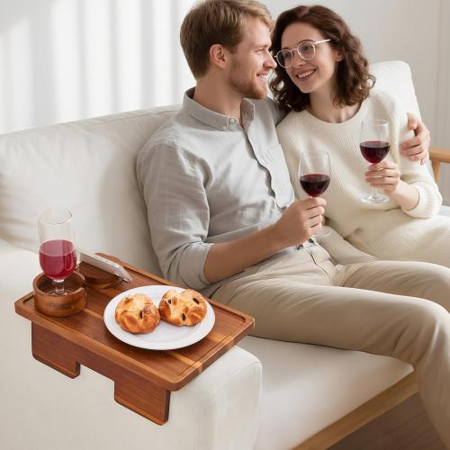 GEHE Real Acacia Wood Couch Armrest Table, 15.4x9.8 Couch Arm Tray Table, 3 in 1 Removable Sofa Cup Holder wtih 360° Rotated Phone Holder, Clip on Armrest Tray for Drinks, Snacks, Phone, Control