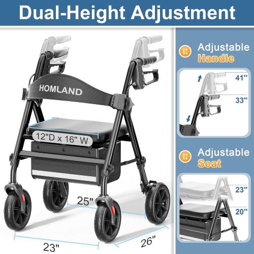 HOMLAND Foldable Walker for Seniors with Seat, 17lb Lightweight, Ergonomic | 350lb Capacity, 8 All-Terrain Wheels, Adjustable Height, Easy to Assemble, Ergonomic Seat, Lightweight Aluminum Frame, Black